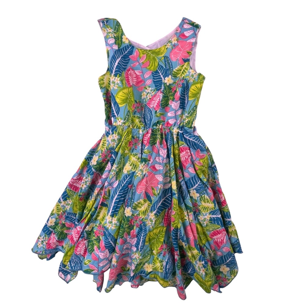 Tommy Bahama Girls Tropical Floral Back Cutout Bow Dress Blue Pink 4T
